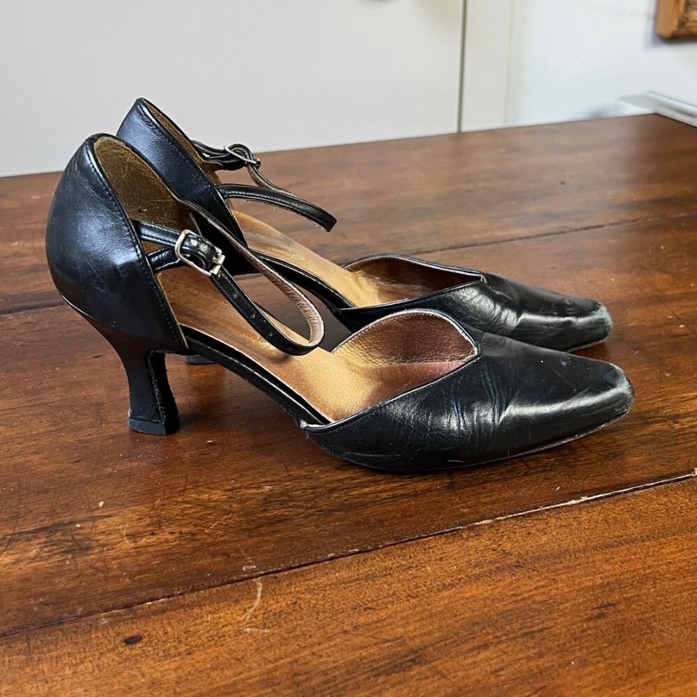 Freed of London Black Leather Dance Heels US 5 Ankle Strap
